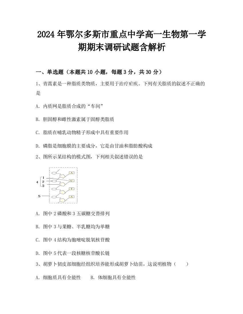 2024年鄂尔多斯市重点中学高一生物第一学期期末调研试题含解析