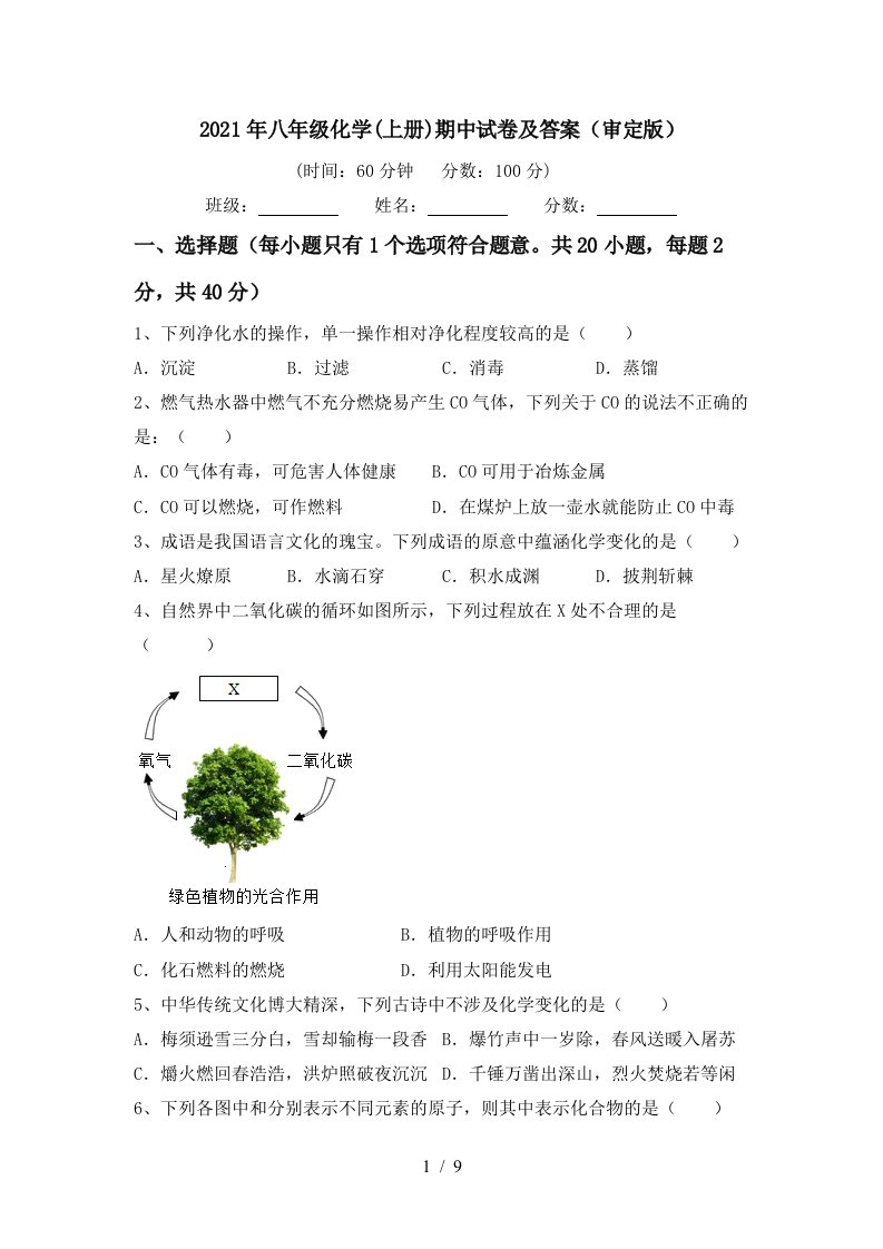 2021年八年级化学上册期中试卷及答案审定版