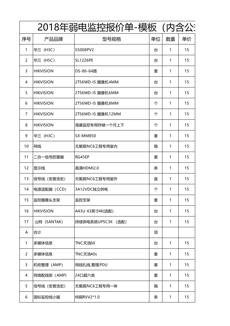 2018年网络监控弱电行业报价单模板--内含公式