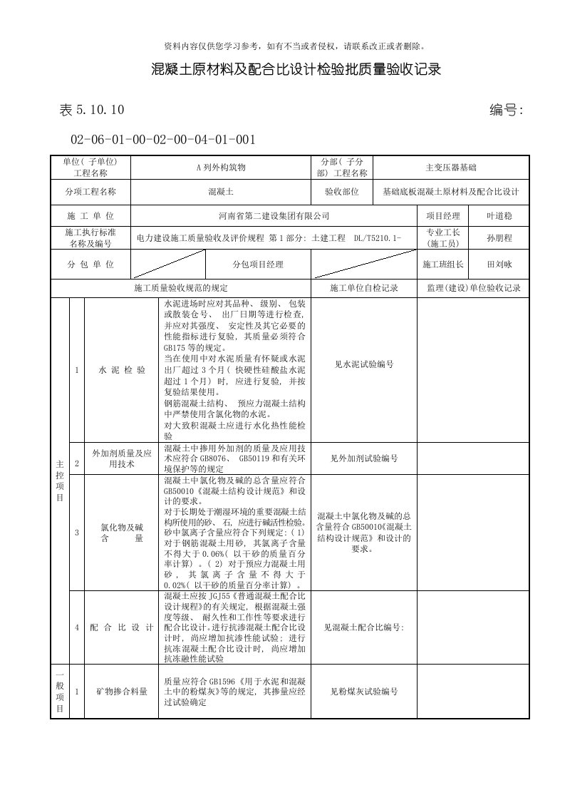 表混凝土原材料及配合比模板