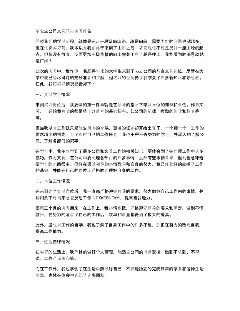 毕业生公司文员顶岗实习报告