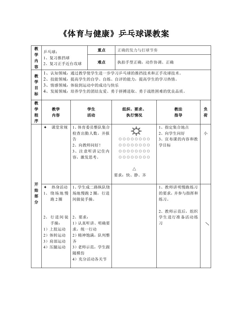 高中体育乒乓球课教案