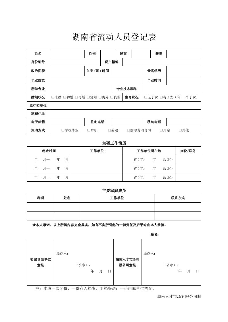 湖南流动人员登记表