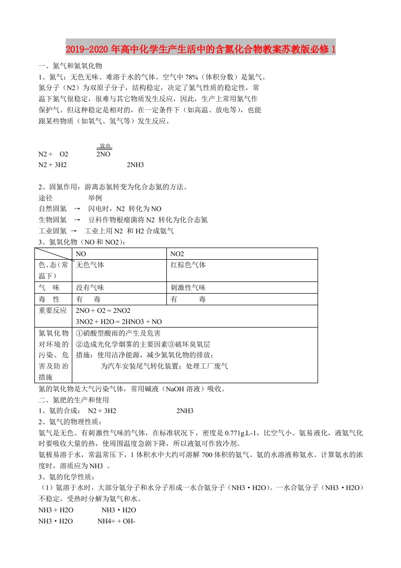 2019-2020年高中化学生产生活中的含氮化合物教案苏教版必修1