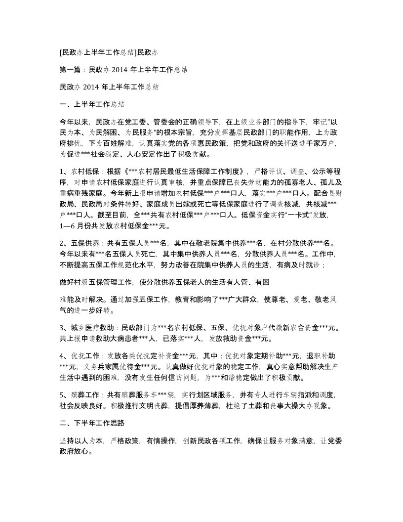 民政办上半年工作总结民政办