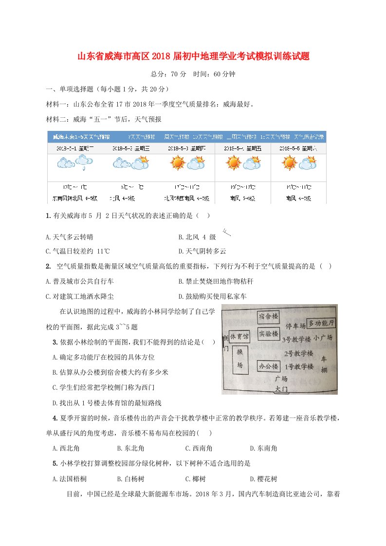 山东省威海市高区2018届初中地理学业考试模拟训练试题无答案