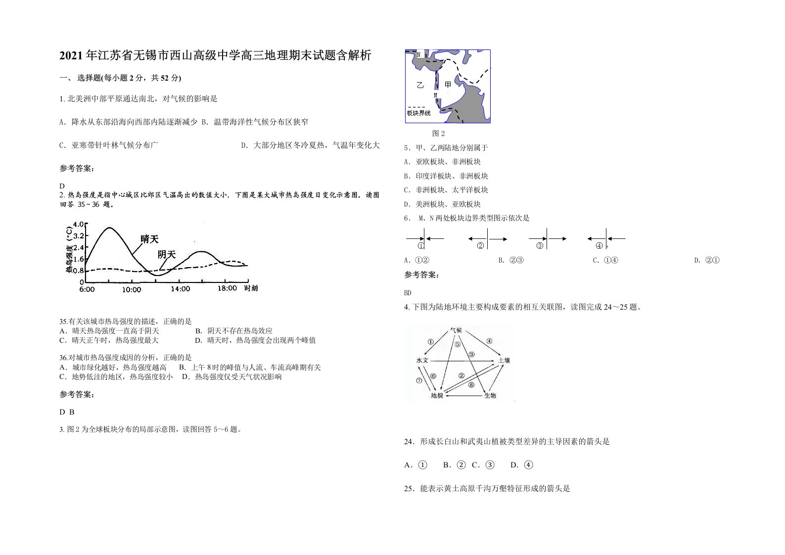 2021年江苏省无锡市西山高级中学高三地理期末试题含解析