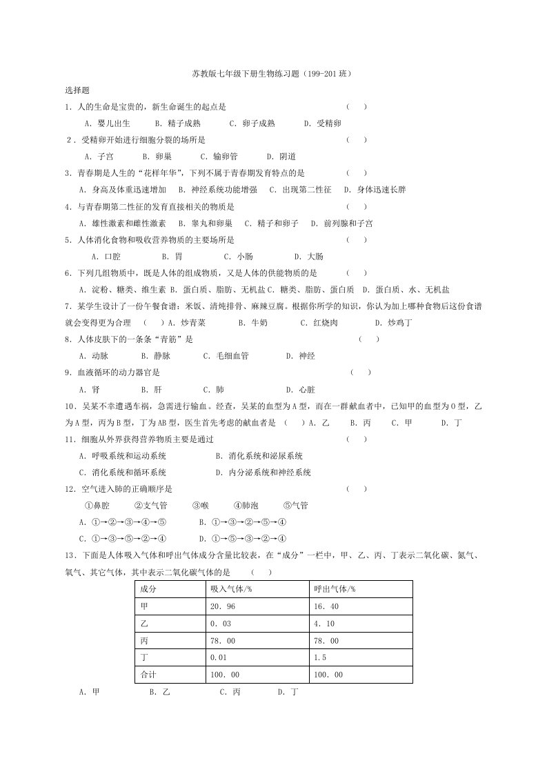 苏教版七年级下册生物练习题