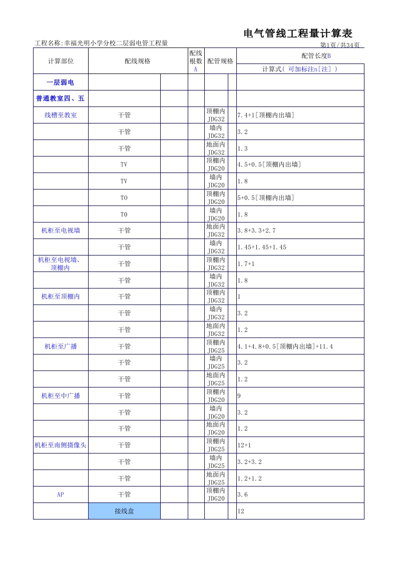 2幸福光明小学分校(二层弱电)安装工程量计算表格