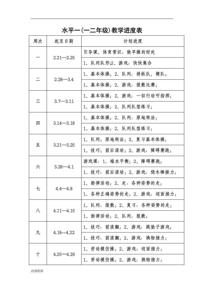 小学体育教学进度表(一二三四五六)可打印