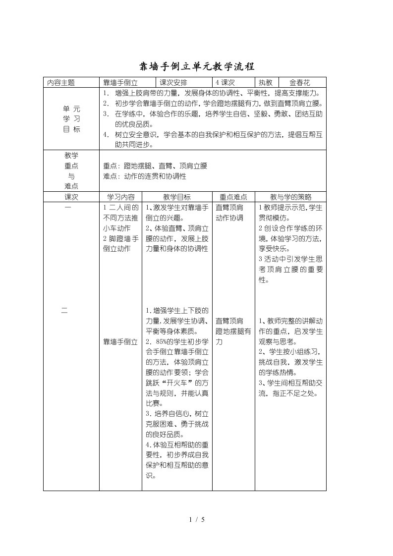 靠墙手倒立单元教学流程