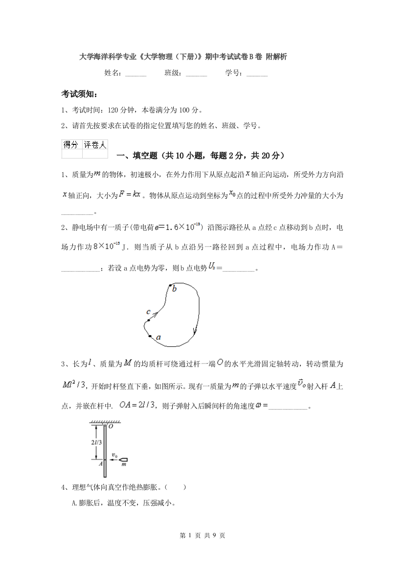 大学海洋科学专业大学物理下册期中考试试卷B卷-附解析