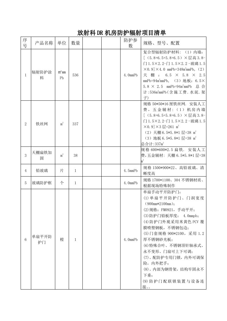 放射科DR机房防护辐射项目清单含说明性材料