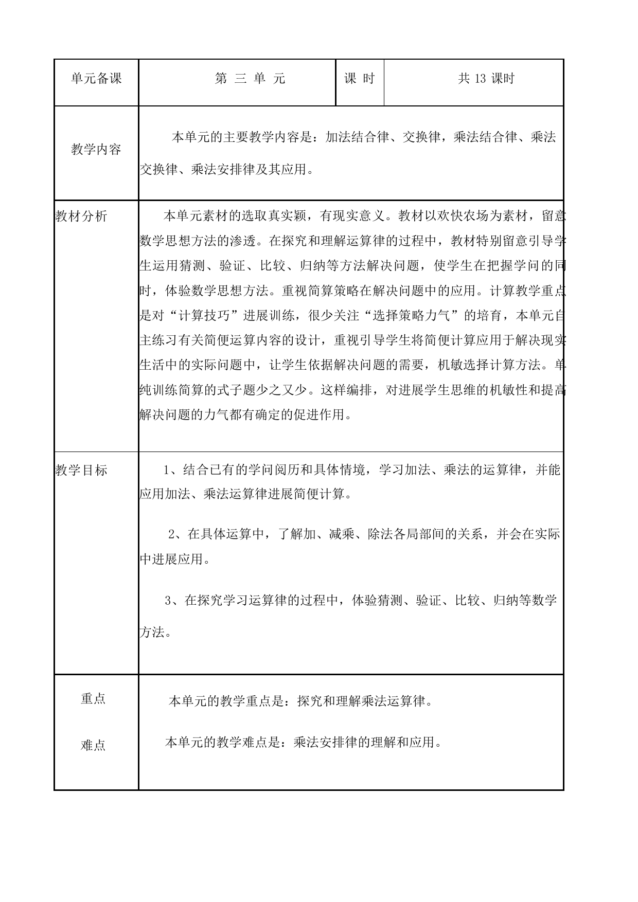 新青岛版四年级数学下册第三单元快乐农场运算律教案