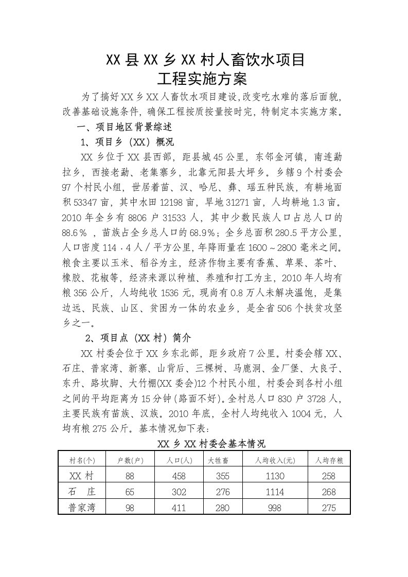 某县乡村人畜饮水项目畜饮水工程实施方案