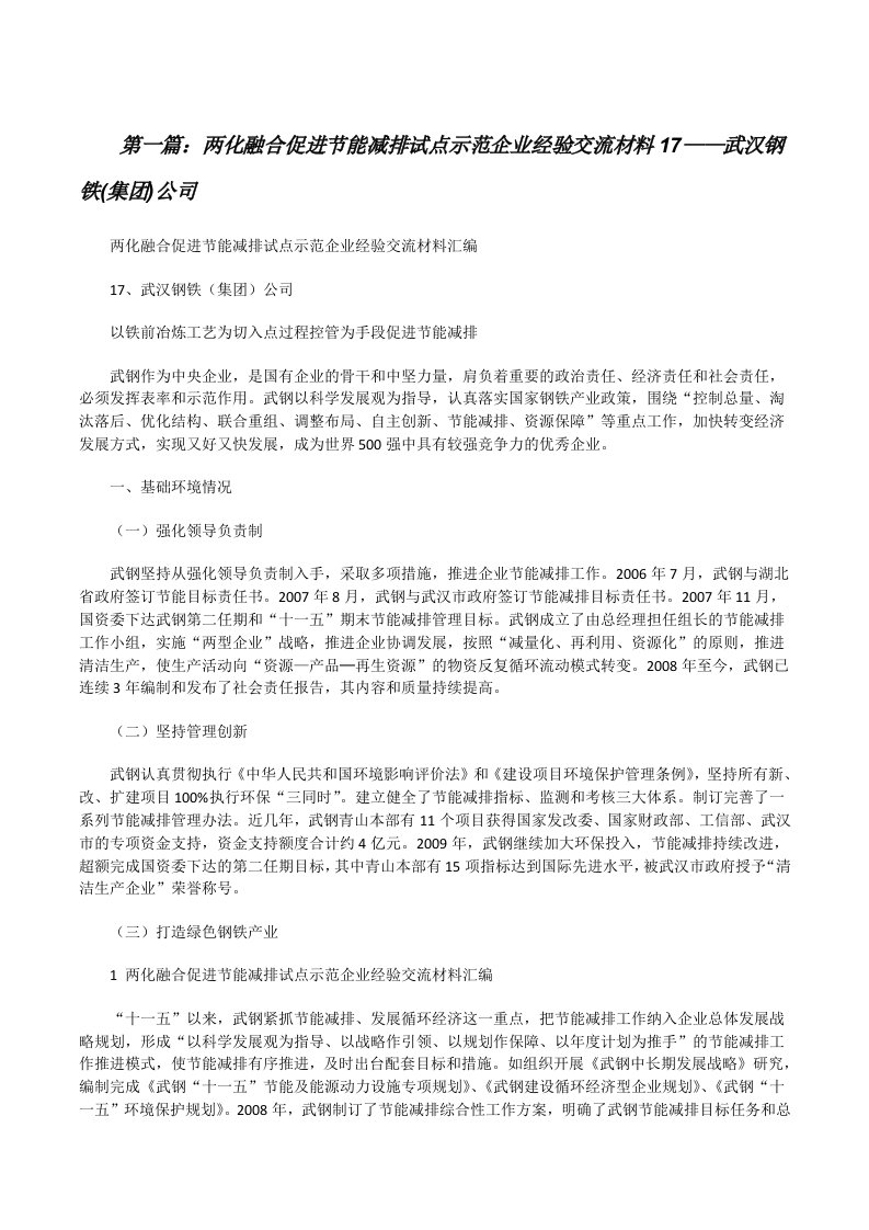 两化融合促进节能减排试点示范企业经验交流材料17——武汉钢铁(集团)公司[修改版]