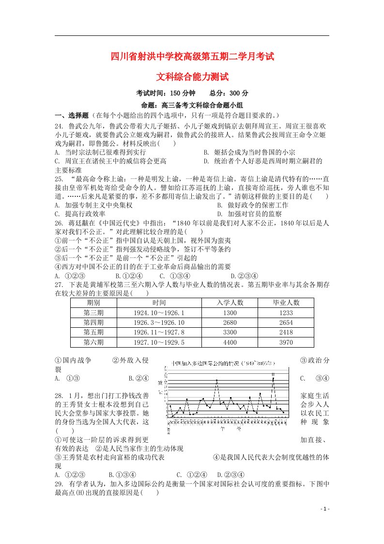 四川省遂宁市射洪中学高三历史上学期10月月考试题（无答案）