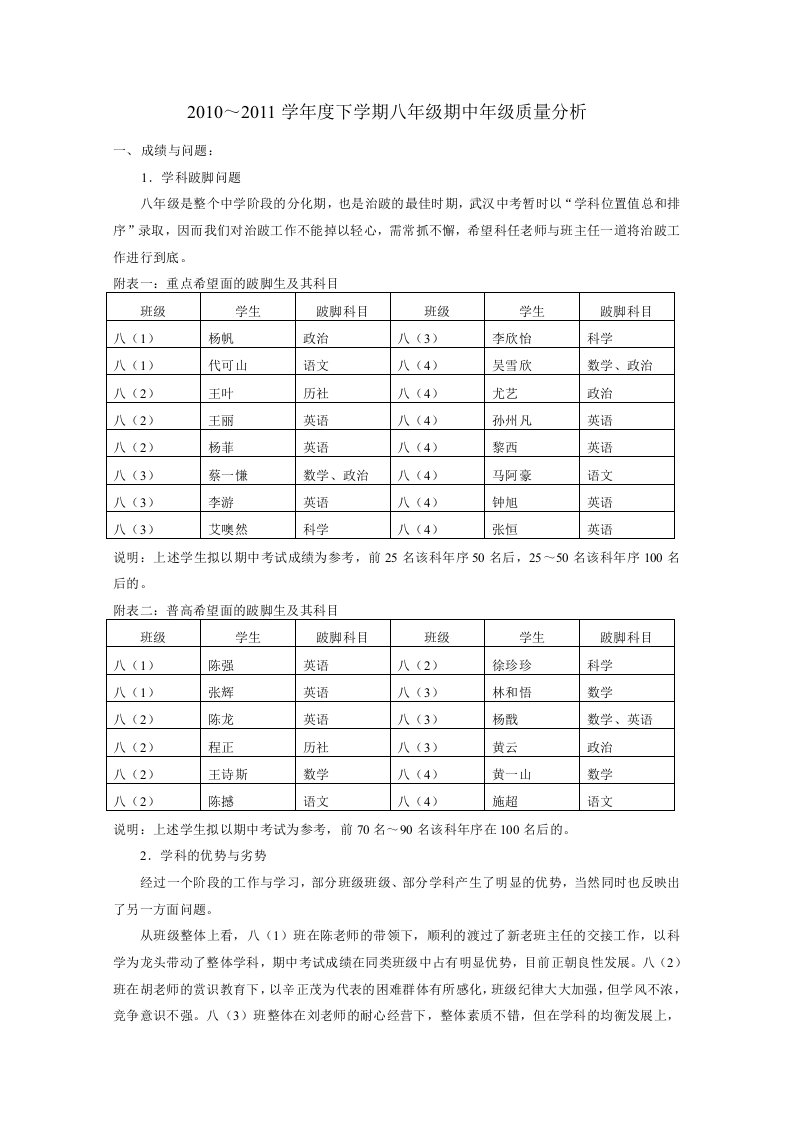 初二上学期期中年级质量分析