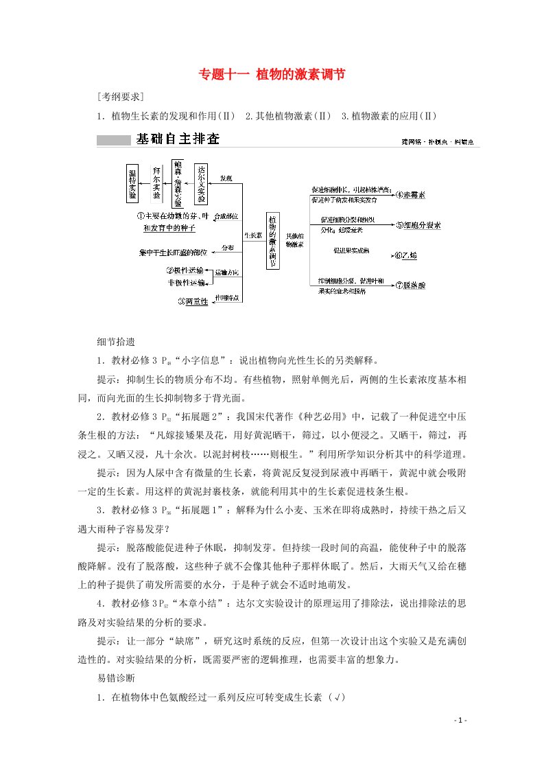 2021届高考生物二轮复习专题十一植物的激素调节学案