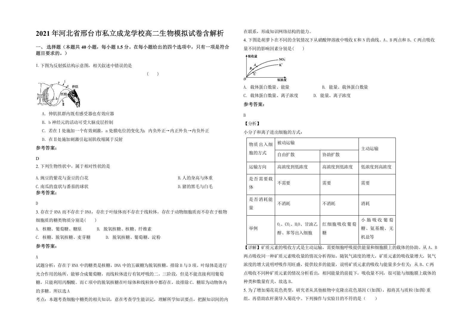 2021年河北省邢台市私立成龙学校高二生物模拟试卷含解析