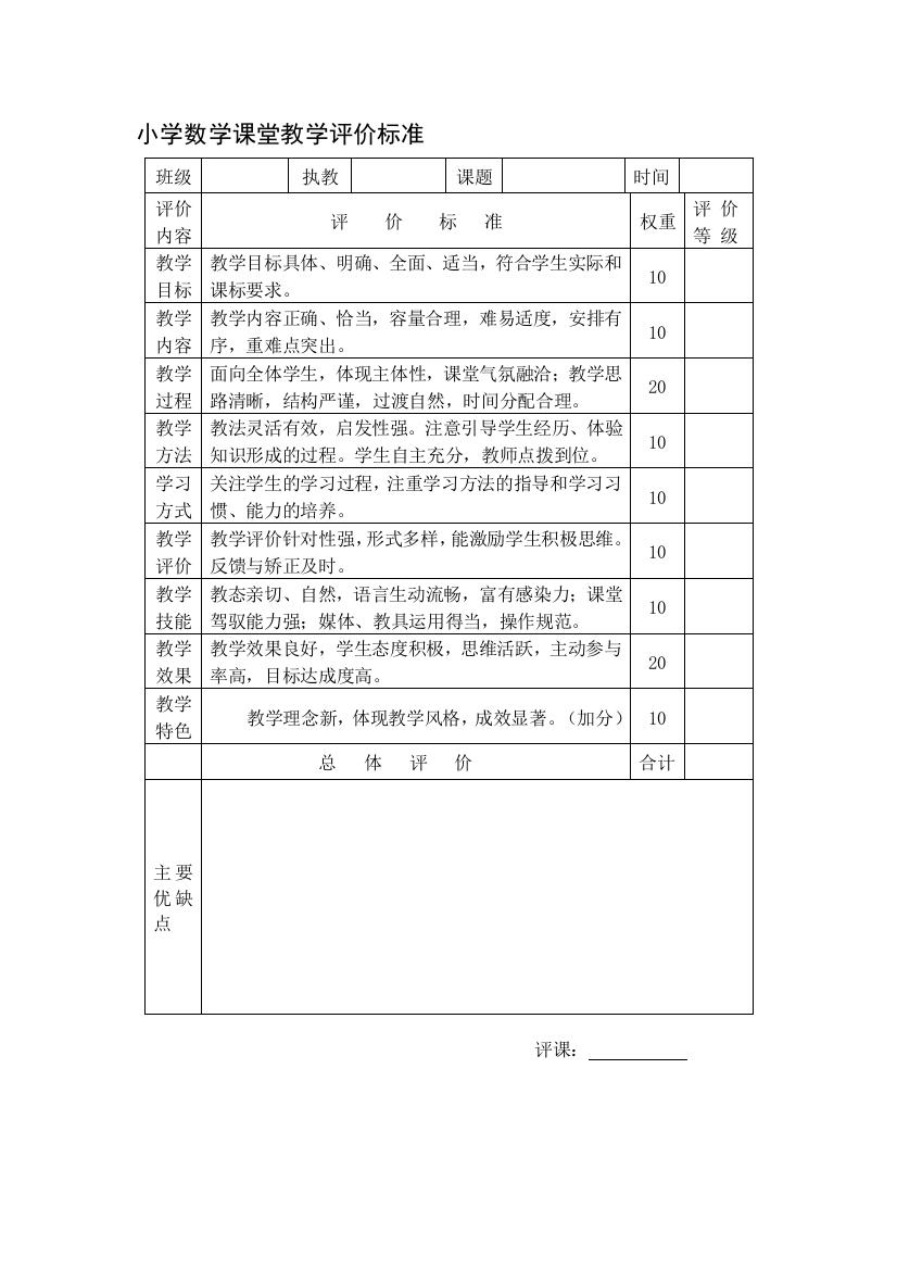 小学数学教室教授教化评价标准表00