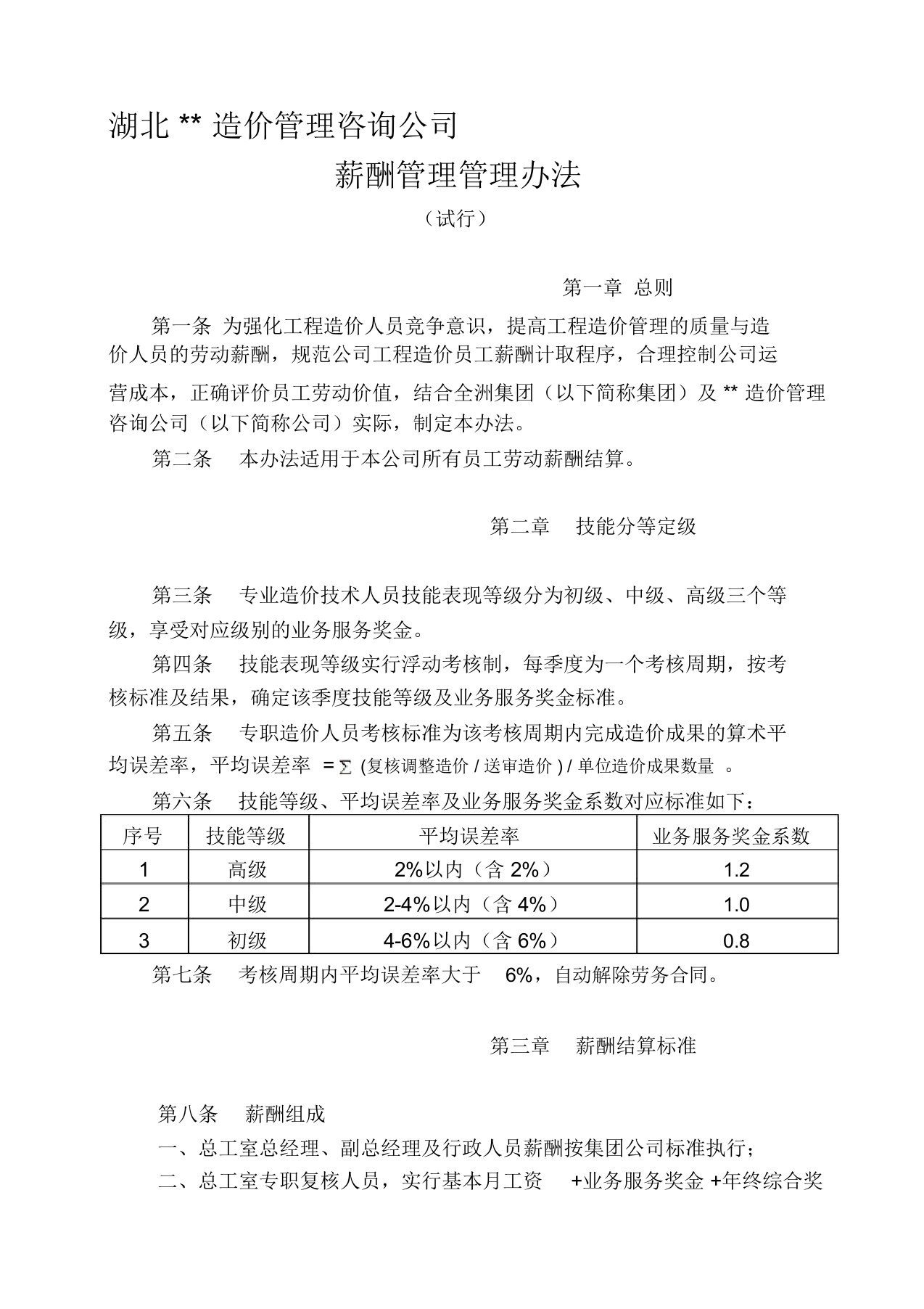 造价咨询公司薪酬管理方案办法资料