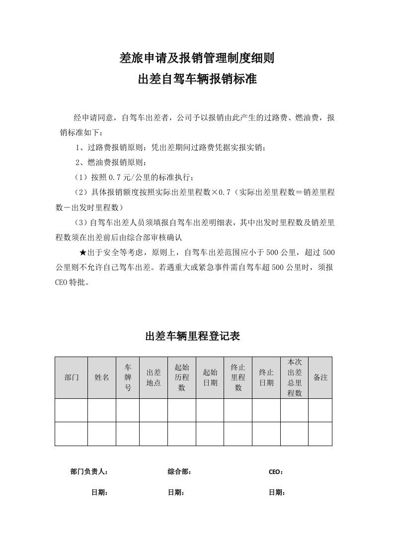 出差自驾车辆报销标准