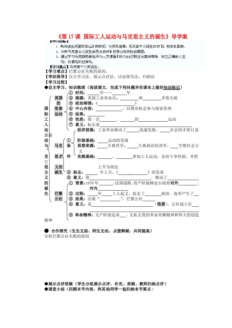 湖南省蓝山一中九年级历史上册第17课国际工人运动与马克思主义的诞生导学案无答案新人教版