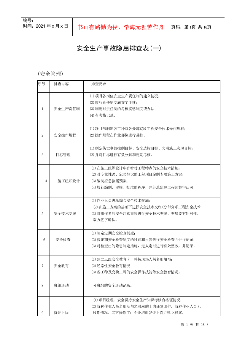 安全检查排查表