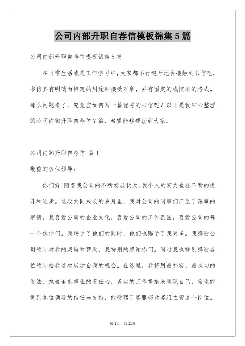 公司内部升职自荐信模板锦集5篇