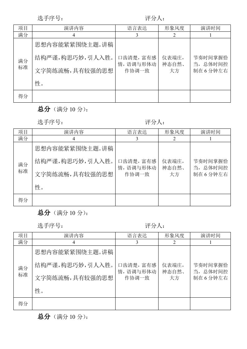 演讲比赛评分表(评委用)