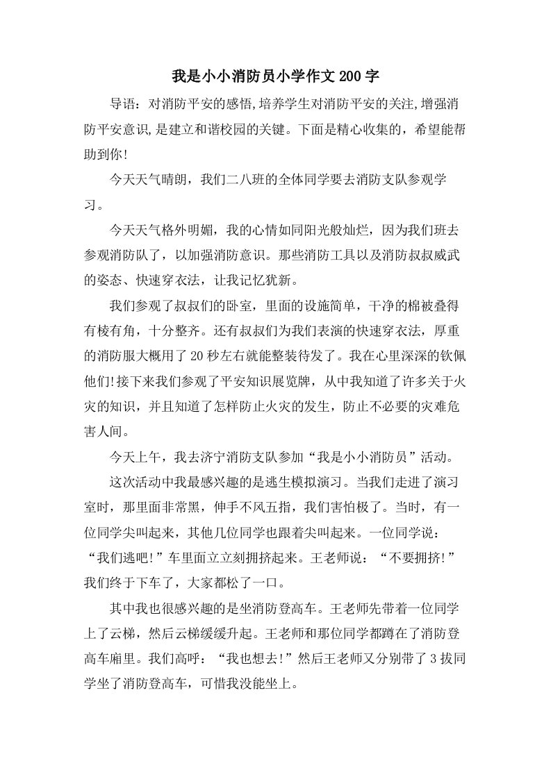 我是小小消防员小学作文200字