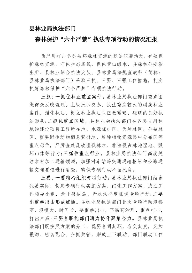 森林保护“六个严禁”执法专项行动的情况汇报