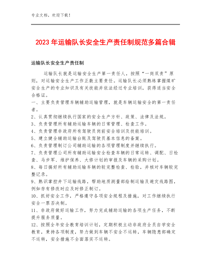 2023年运输队长安全生产责任制规范多篇合辑