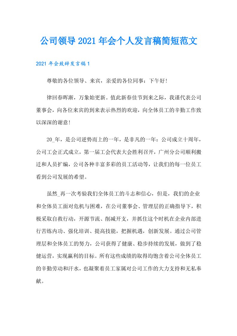 公司领导会个人发言稿简短范文