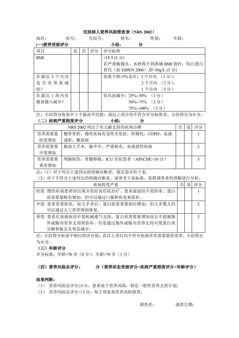 住院病人营养风险筛查表