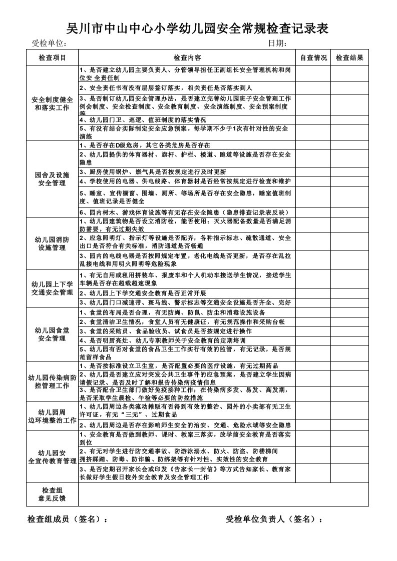 幼儿园安全检查记录表