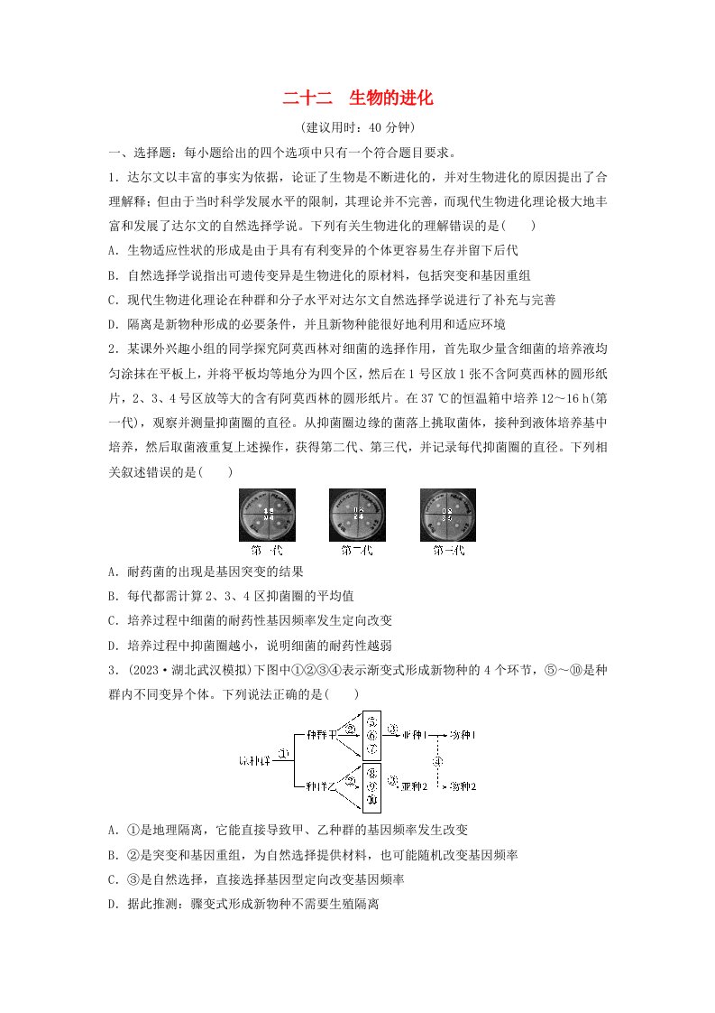 2024版高考生物一轮总复习课时质量评价22生物的进化