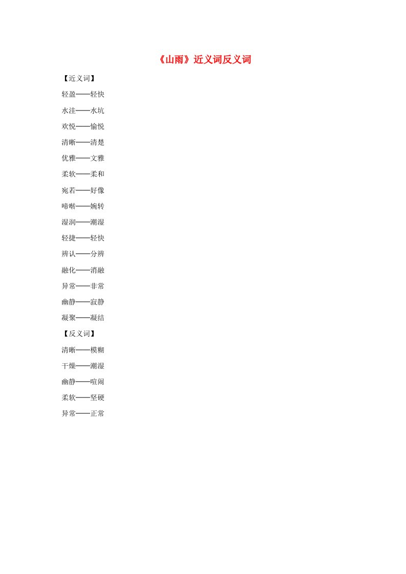 六年级语文上册第一组2山雨近义词反义词素材新人教版