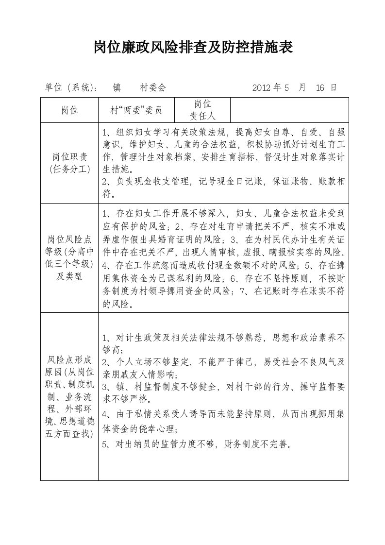 村级岗位廉政风险排查及防控要求措施表格