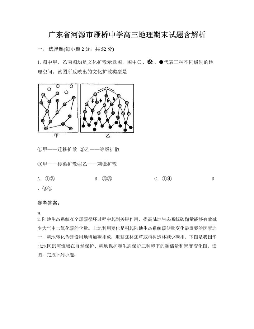 广东省河源市雁桥中学高三地理期末试题含解析