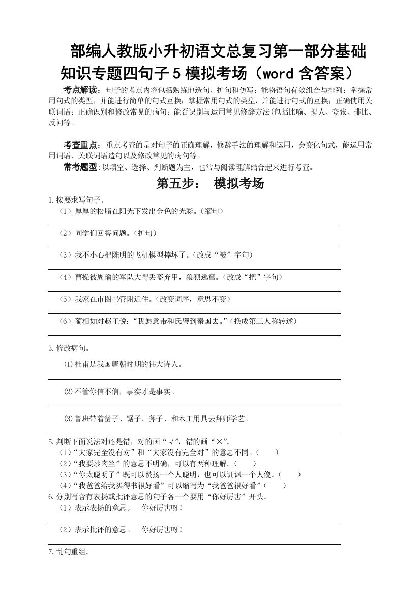 部编版小升初语文总复习第一部分基础知识专题四句子5模拟考场(word含答案)