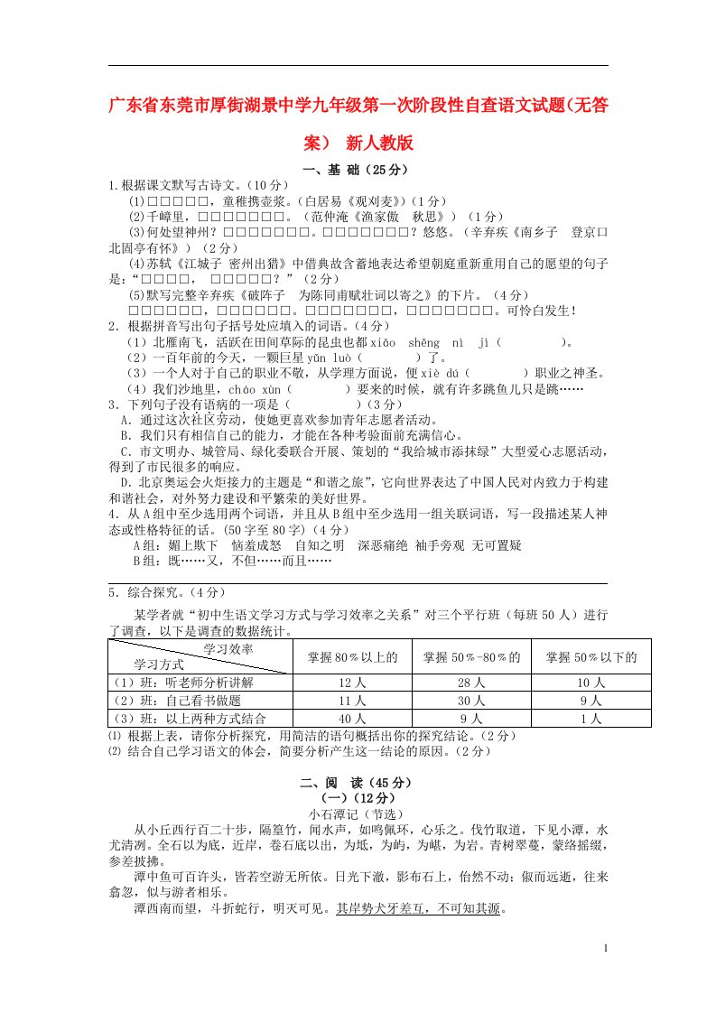 广东省东莞市厚街湖景中学九级语文第一次阶段性自查试题（无答案）