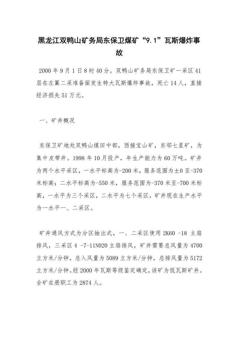 事故案例_案例分析_黑龙江双鸭山矿务局东保卫煤矿“9.1”瓦斯爆炸事故