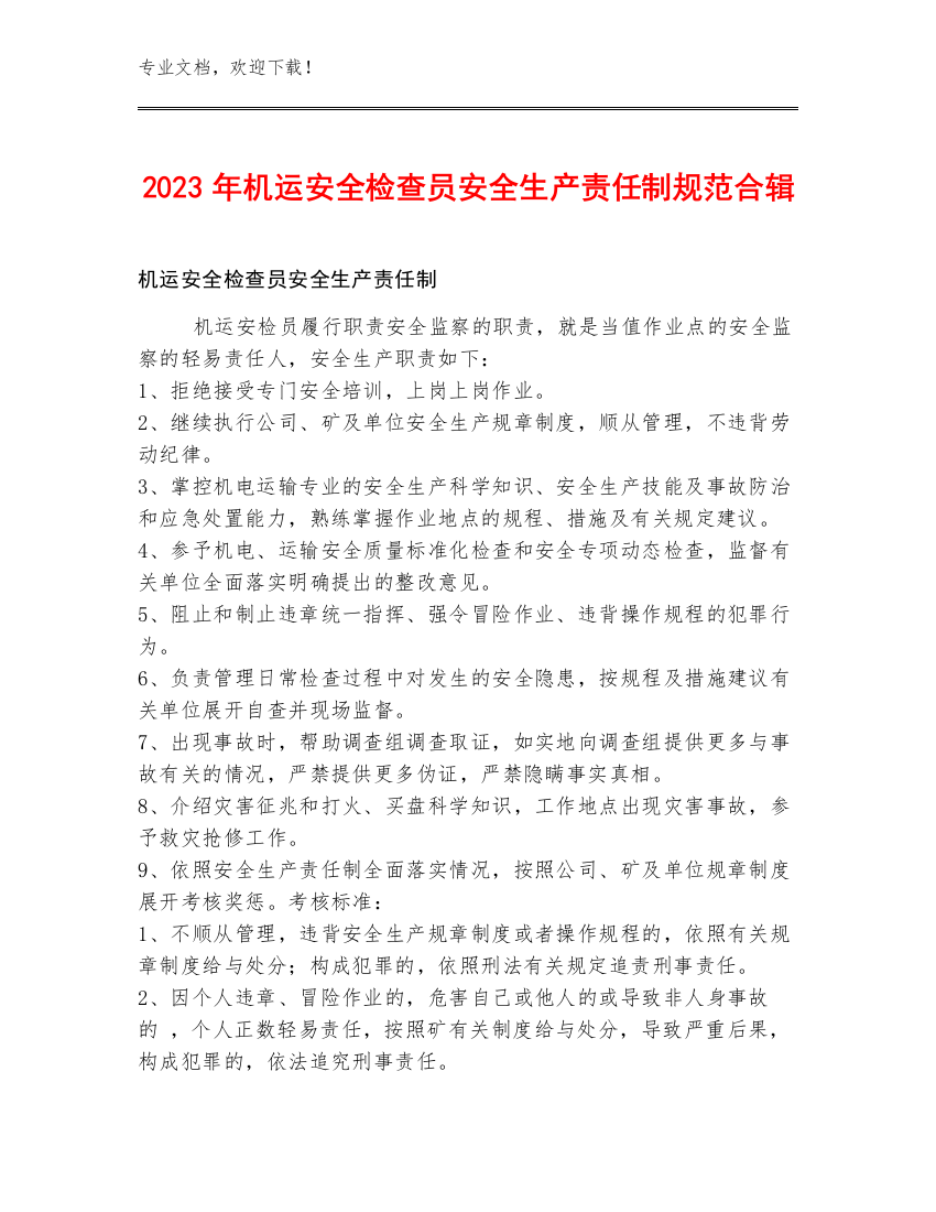 2023年机运安全检查员安全生产责任制规范合辑