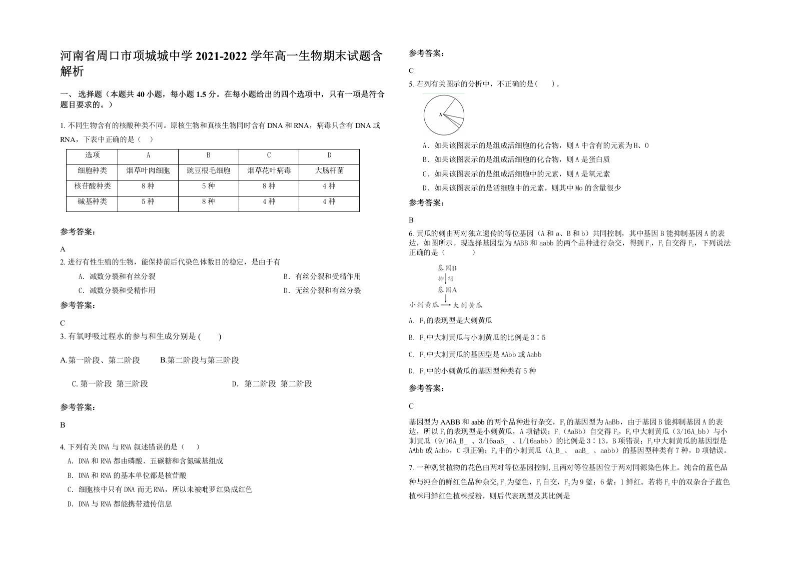 河南省周口市项城城中学2021-2022学年高一生物期末试题含解析