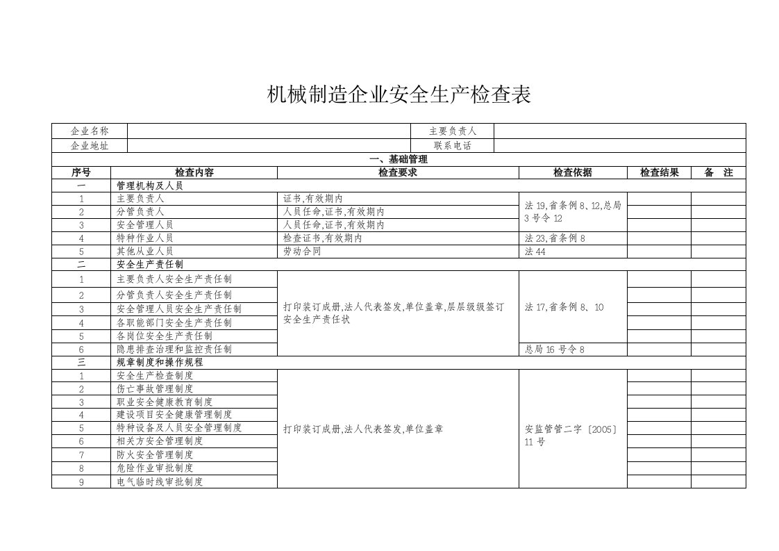 机械制造企业安全生产检查表