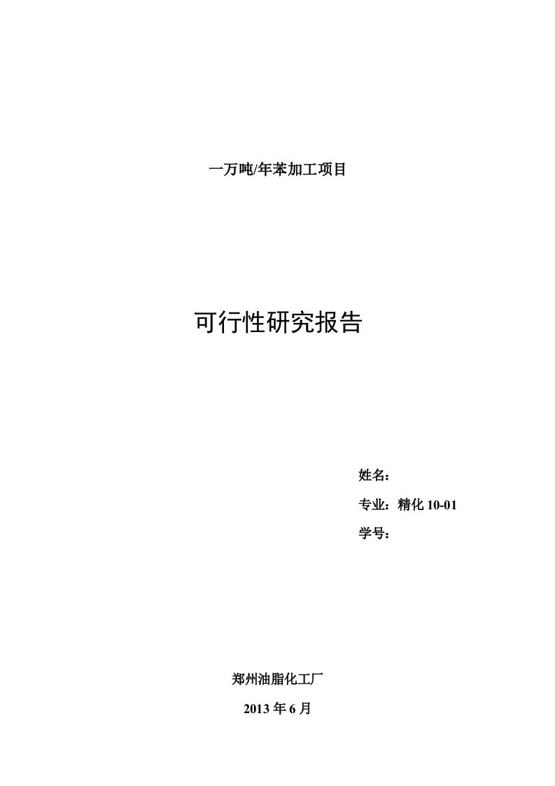 一万吨年苯加工项目可行性研究报告