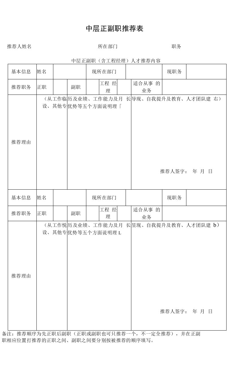 中层正副职推荐表