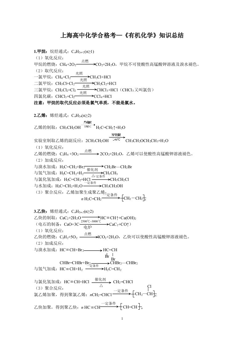 上海高中化学合格考-有机化学知识总结-专题复习-专题训练